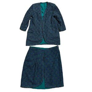 Vintage Women Plaid Classic Knit Green Lined Jacket Skirt Suit Set Large